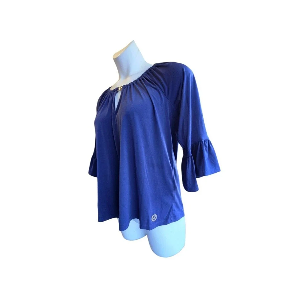 Michael Kors Women's Medium Purple Ruffle Bell Sleeve Keyhole Blouse Top